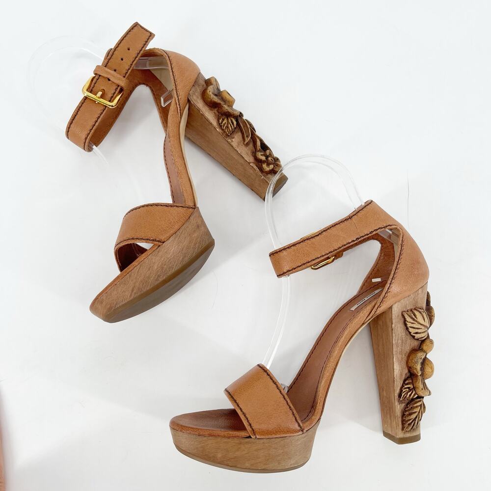 Miu Miu Vintage Camel Tan Floral Flower Carved Wood Heel Platform Sandal IT 37.5 - Picture 5 of 12